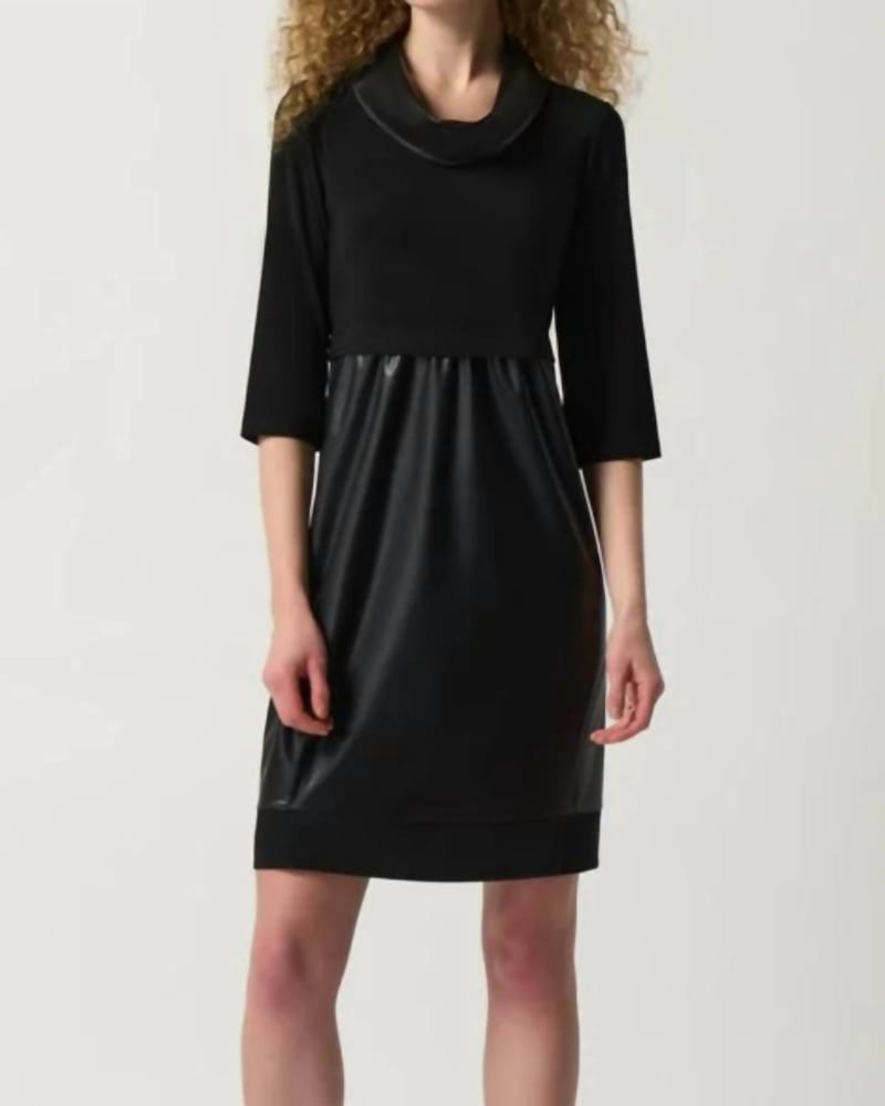 Front of a model wearing a size 10 Faux-Leather And Knit Cocoon Dress In 11-Black in 11-Black by Joseph Ribkoff. | dia_product_style_image_id:342443